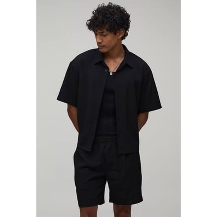 Gestreept Seersucker Oversized Boxy Shirt & Relaxed Short Set | Black | Size Medium