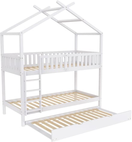 Huisbed, kinderbed, jeugdbed, Stapelbed 90x200 cm, drie bedden, uitschuifbaar, ruimtebesparend design, wit