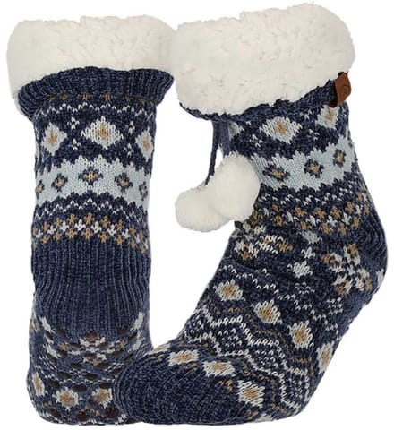 Apollo dames huissokken - gevoerd - navy print - anti-slip - one size