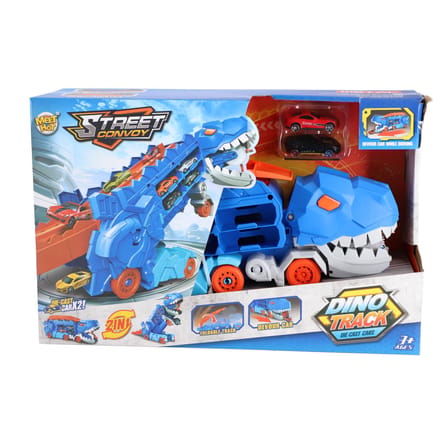KiddyGo transporter dino speelgoed met 2 diecast auto's en racebaan.