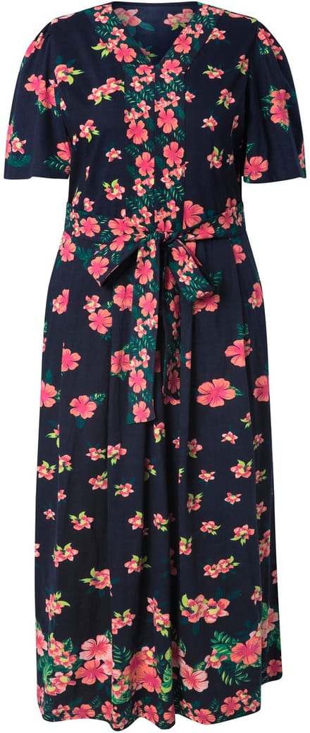 Ulla Popken - Dames - Maxi-jurk bloemen V-hals korte mouwen - Marine - Maat 58+