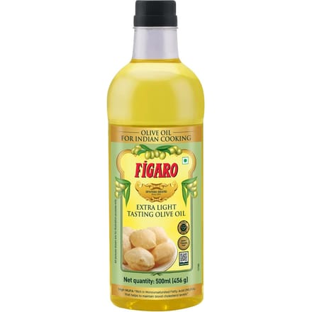 Huile d'Olive Goût Extra Léger Figaro 500 ml Pack de 1 – Parfaite pour la Cuisine Indienne et la Friture yellow