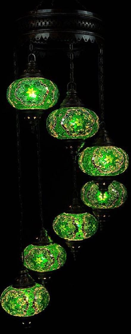 Turkse hanglamp - mozaïek glas groen - 7 bollen - handgemaakt en authentiek