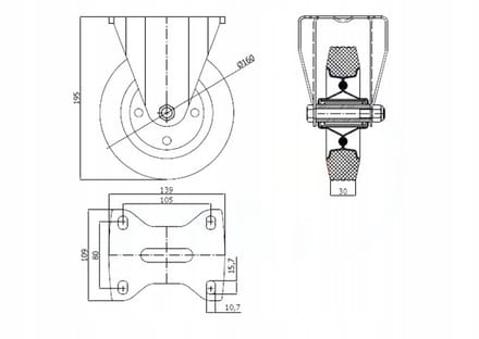 Zwaar metalen rubber wiel met vaste behuizing - 150 kg