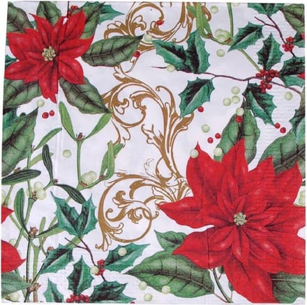 Kerst tafel servetten 40x stuks van 33 x 33 cm - Kerstbloemen print