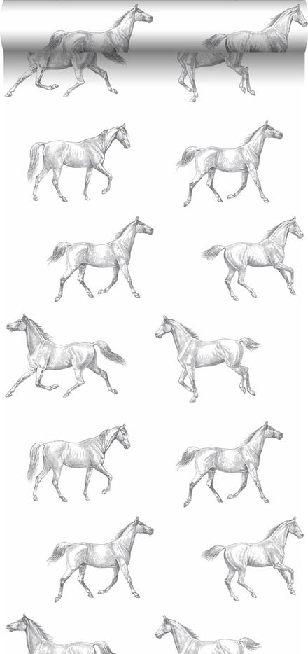 Walls4You behang paarden grijs en wit - 935281 - 53 cm x 10,05 m