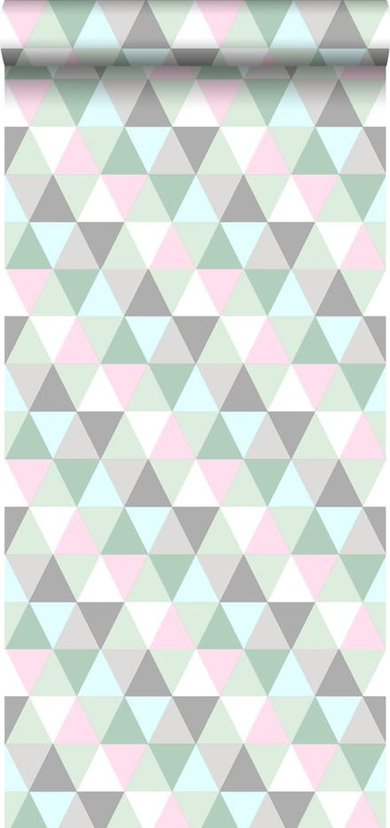 ESTAhome behang driehoekjes mintgroen, roze en grijs - 53 cm x 10.05 m - 128706