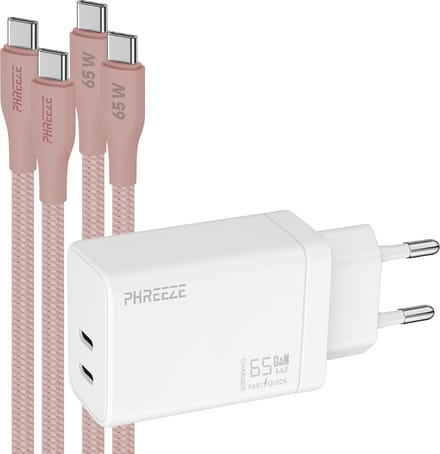 Phreeze usb C oplader 65 W - Laptop power adapter met 2 usb C naar usb C kabels 1m roze - Dual port snellader