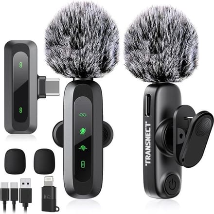 TRANSNECT - Draadloze Microfoon - 2 stuks - Microfoon Draadloos - Dasspeld Microfoon Draadloos - Microfoon Bluetooth - Lavalier Microfoon - USB-C & 8-pins ontvanger - Geschikt Voor Alle Telefoons