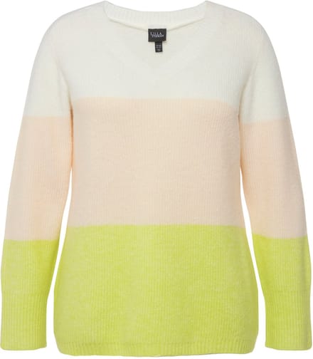 Ulla Popken - Dames - Pullover blokstrepen V-halslijn lange mouwen - Limoengroen - Maat 50+