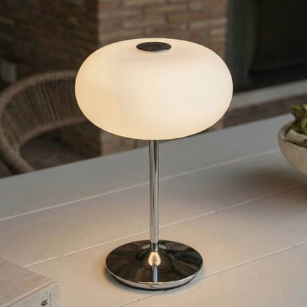 Lucande LED-zaklamp op accu Anoria, chroom/wit, glas IP44 USB