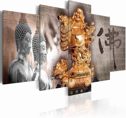 Schilderij - Boeddha - Lachend , Brons/ Zilver, 5luik , premium print op canvas