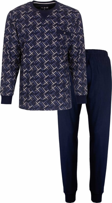 MEQ Heren Pyjama - Geprint Dessin - Katoen - Donker Blauw - Maat L