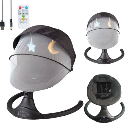 Bebies First Elektrische Wipstoel/ Schommelstoel Met Bluetoothfunctie Relax Met Kap & Speelboog - Zwart