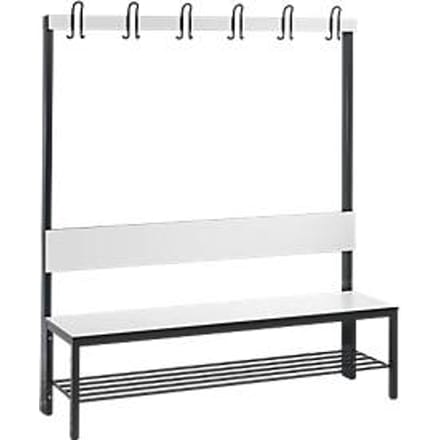 Garderobebank Basic Plus, 1-zijdig, rugleuning, met schoenenrek, onderstel zwartgrijs RAL 7021, B 1500 mm, decor wit