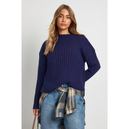 boohoo Dames Geribbelde Coltrui Lange Trui | Navy | Maat: Small