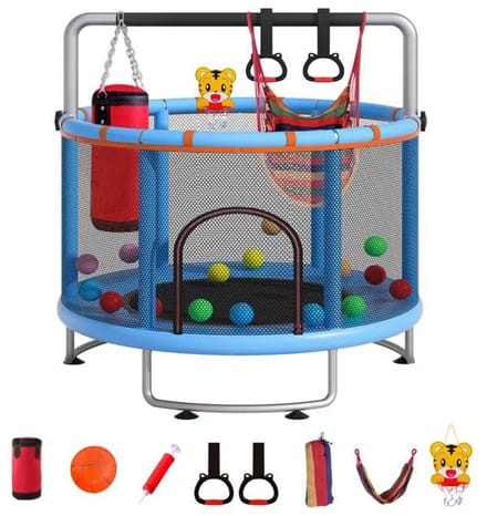 Kinder Trampoline Ø150 cm - Multifunctionele Trampoline met Basketbalring - Ringleuning - Ophangringen en Hangmat – Gegalvaniseerd Stalen Frame – Blauw