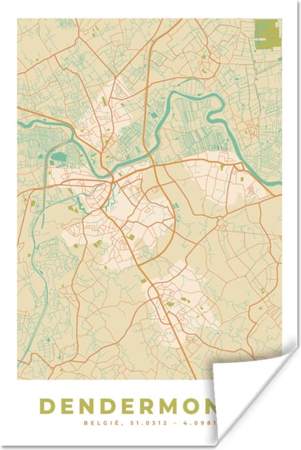 Poster Plattegrond - Kaart - Dendermonde - Vintage - Stadskaart - 20x30 cm