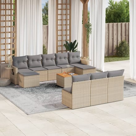 vidaXL - 11-delige - Tuinset - met - kussens - poly - rattan - beige