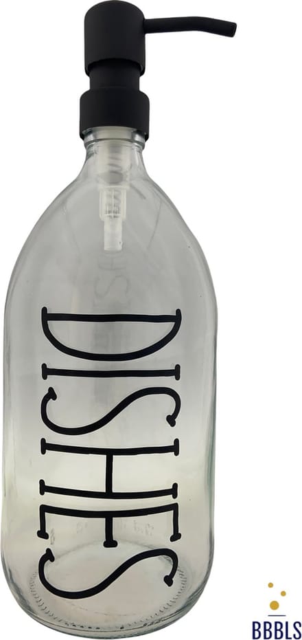BBBLS® Design Dispenser "Dishes" | Transparant Glas | 1 liter | RVS / Metaal Pomp Zwart | Zeeppomp | Zeepdispenser | Zeephouder