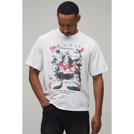 Oversized Boxy Grunge Print Dirty Washed T-shirt | White | Size Large