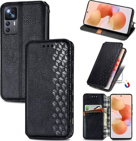 Luxe PU Lederen Ruitpatroon Wallet Case + PMMA Screenprotector voor Xiaomi 12T / 12T Pro _ Zwart