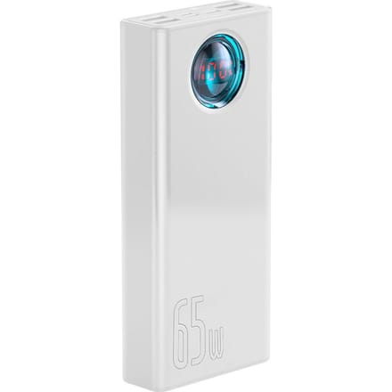 Externe batterij Baseus Amblight Digitale Display, 30000mAh, 65W, QC + PD, 1 x USB-C - 4 x USB-A, Wit PPLG000102