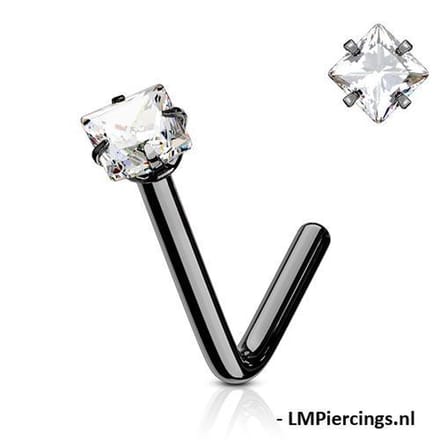 Neuspiercing L-Bend vierkant CZ steen 0.8x6x2.5 - zwart - LMPiercings