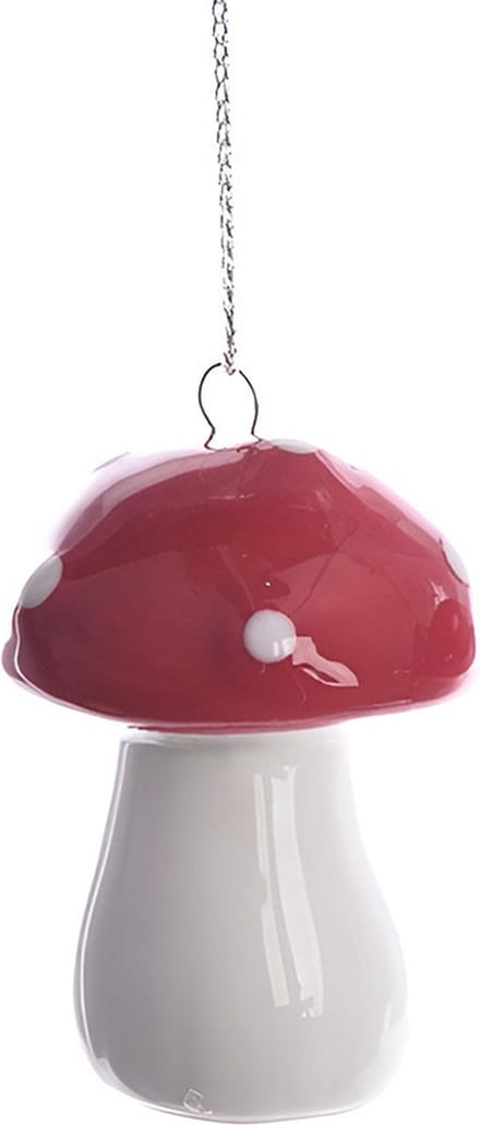 Decoris Kerstboomversiering paddenstoelen 4 cm - rood/wit - aardewerk - polyester - zilverkleurig lusje