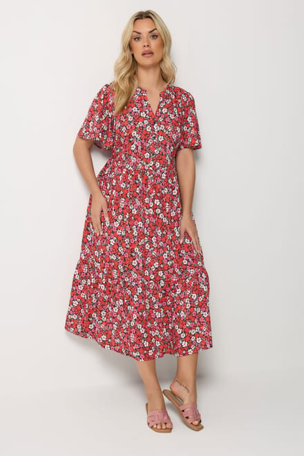 Yours Rode Jurk Met Bloemenprint En Knoopsluiting Size 58-60