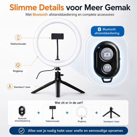 Selfie Ringlamp met Statief - Voor Smartphone - Verstelbare Kleurmodi en Helderheid- 10 Inch
