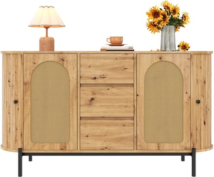 Sideboard - Rotan met Schuifdeuren, Lades en Verstelbare Planken - Houtlook