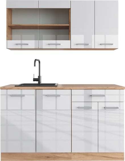 Vicco R-Line Eenpersoonskeuken – 140 cm, WB Eik Wit hoogglans/goud power eiken