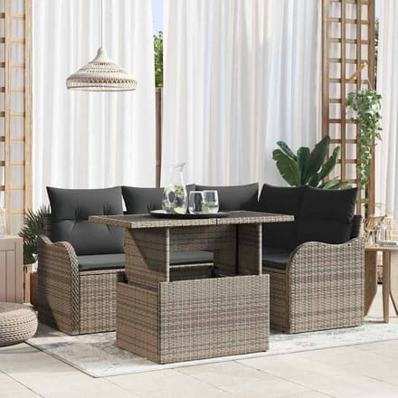 vidaXL Tuinbank Set met kussen met kussen 5 pcs Grijs Poly Riet