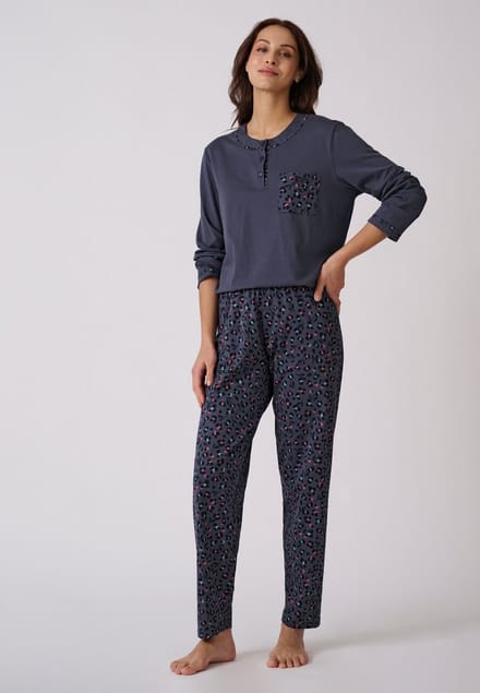 Damart - Pyjama van gekamd jerseykatoen - Dames - Blauw - 46-48 (L)