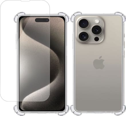 Hoesje geschikt voor iPhone 15 Pro Max + Screenprotector – Tempered Glass - Extreme Shock Case Transparant