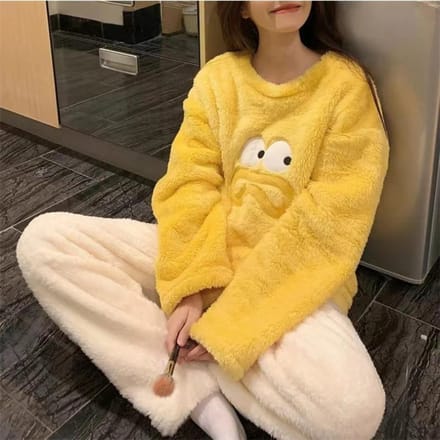 Dames Winter Warme Pyjama Sets Comfortabel Lange Mouw Print Kleur Jacquard Verdikt Losse Fleece Pullover 2-delige Sets L multi