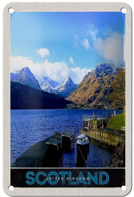 Blechschild Reise 12x18cm Schottland Insel Gebirge See Schild