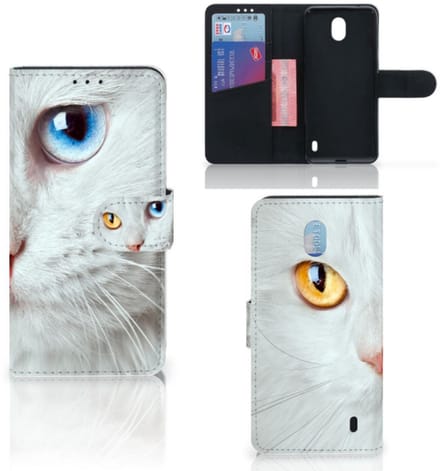 Nokia 1 Plus Telefoonhoesje met Pasjes Witte Kat