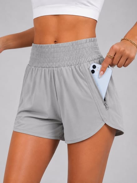 SparkNine Zipease short dames - dubbellaags - met zak - ritssluiting - korte sportbroek - S - grijs - elastische taille - sneldrogend - functioneel & comfortabel