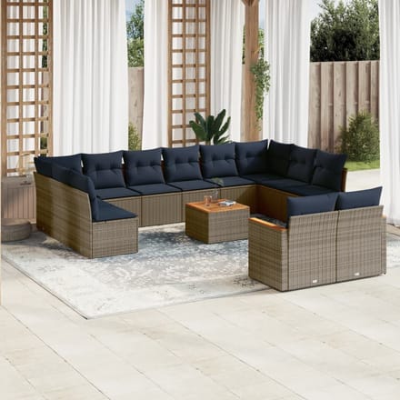vidaXL - 13-delige - tuinbankset - met - kussens, - grijs - polyrotan