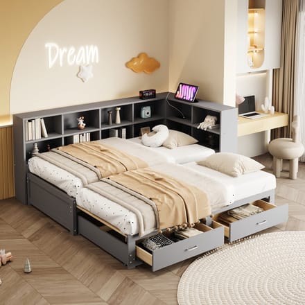 MODFU – Uitschuifbaar Eenpersoonsbed – 90/180x190 cm – Opbergruimte & Stopcontact – Modern – Hout – Grijs
