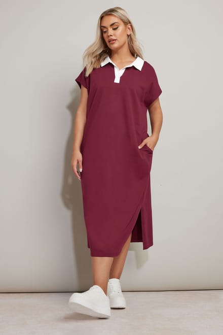 Yours Midaxijurk Van Katoen Met Open Kraag In Bessenrood Size 48
