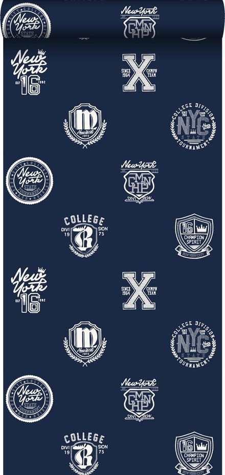 ESTAhome behang school emblemen donkerblauw - 53 cm x 10.05 m - 138826