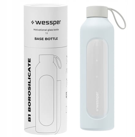 Glazen Motivatiefles 1000ml – Duurzame Waterfles in ICE BLUE