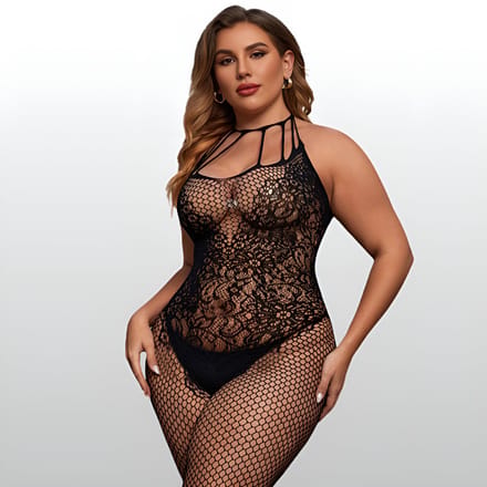 Plus Size Bodystocking met Open Kruis - Zwart - Visnet - One Size L-XXL (40-44) | LS023