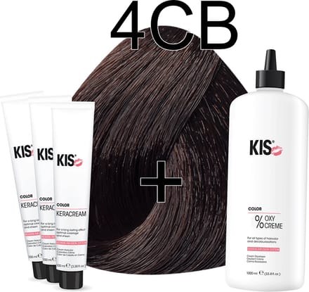 Kis KeraCream Color - 100ml - Haarverf Set - 4CB Middel chocolade bruin | KIS - (3 x haarverf & 1L waterstofperoxide)