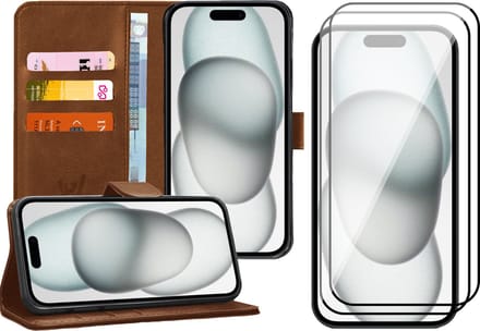 Hoesje geschikt voor iPhone 15 Plus - 2x Screen Protector FullGuard - Book Case Kunstleer Pasjeshouder Bruin & Screenprotector