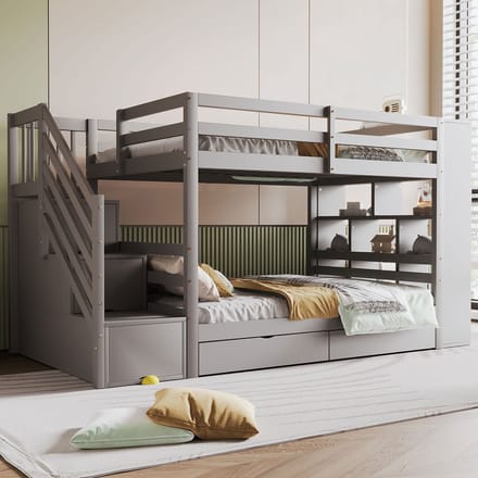 REDOM Ledikant 90x200 cm – Stapelbed met veiligheidstrap & opbergruimte – Massief hout – Grijs