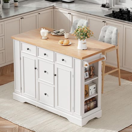 Keuken Eiland - Vergrootbaar Werkblad - Koken en Bakken - Geïntegreerd Laadstation - 130 cm Breed - Wit